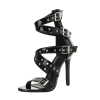 Black patent buckle strap open toe heel isolated in side view