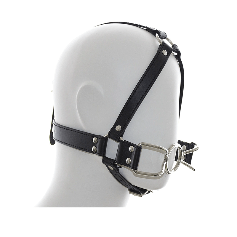 Leather O-Ring Gag with Nipple Clamps style E front angle detail