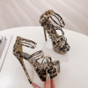 Pair of leopard clear strap platform heels in product view