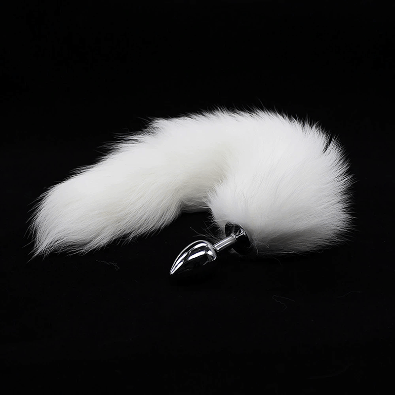 Real Fur Metal Tail Butt Plug white front angle detail