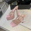 Pair of pink rhinestone square toe platform heels