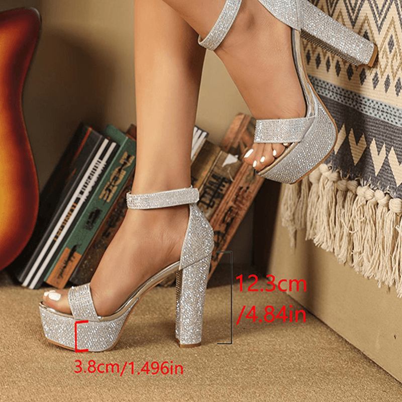 Silver rhinestone platform sandal with dimension overlay