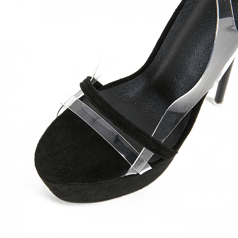 Black open toe platform heel with clear strap close-up