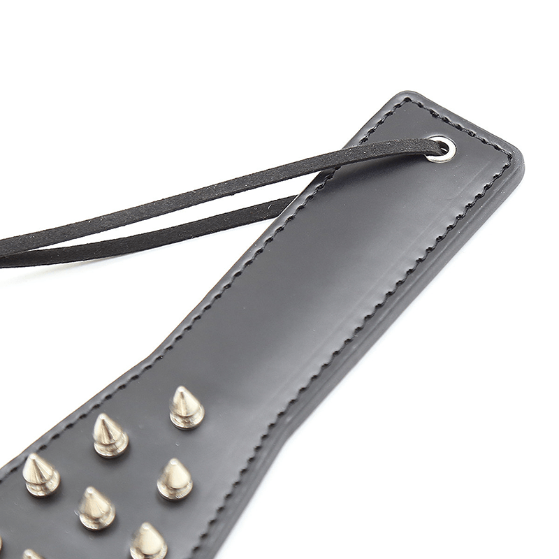 Steel Stud Patent Leather Spanking Paddle style A front angle detail