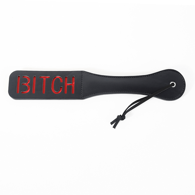 Text Print Leather Spanking Paddle style L front angle detail