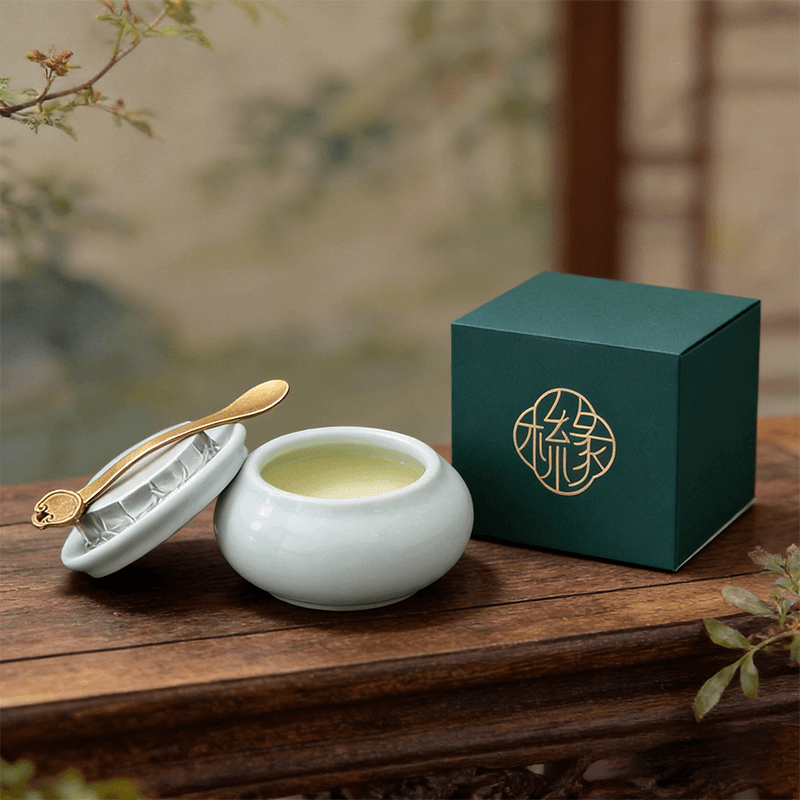 Plum Blossom solid perfume balm packaging with reusable decorative ceramic jar