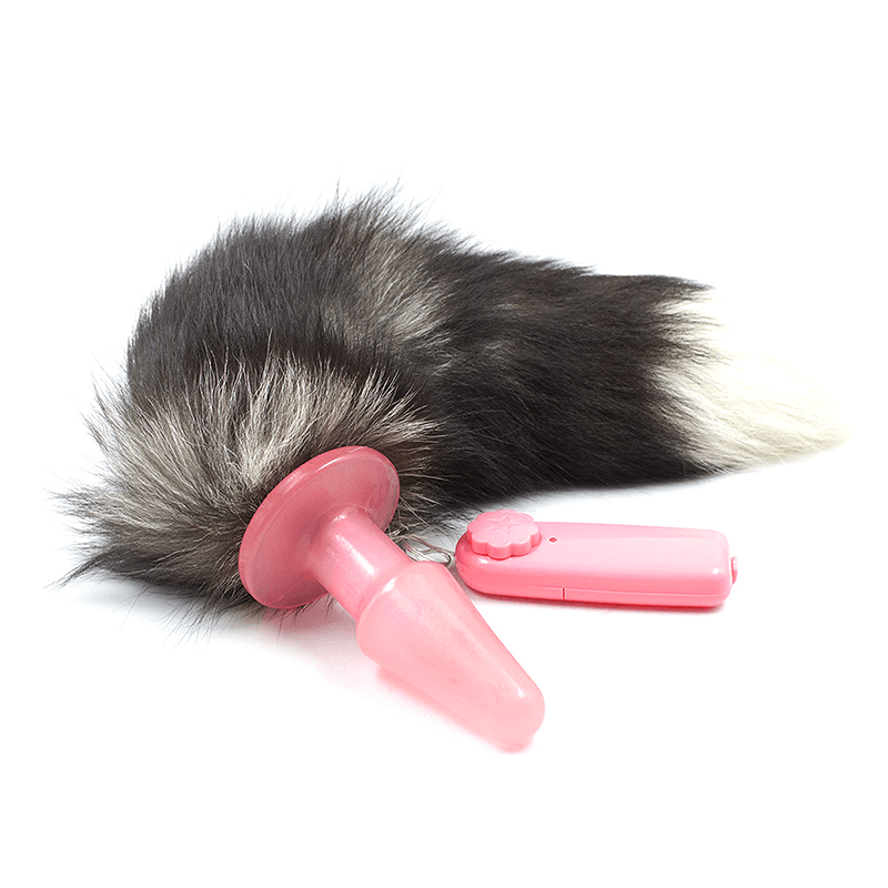 Vibrating Faux Fur Tail Butt Plug pink front angle detail