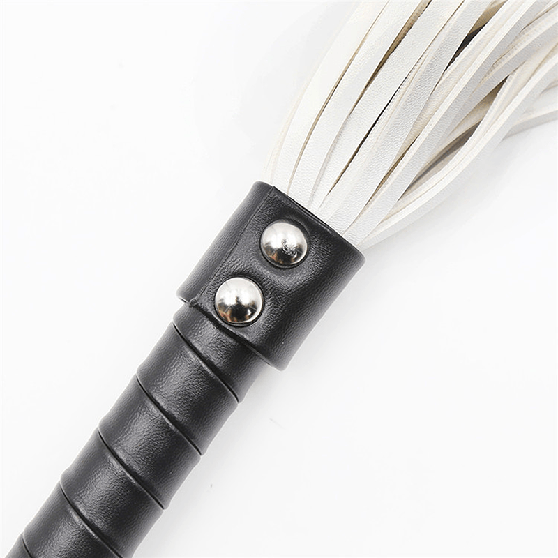 White Studded Leather Flogger Whip style A front angle detail